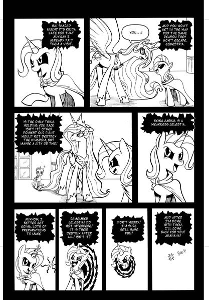 Size: 3442x4952 | Tagged: safe, artist:leon-z, derpibooru import, lord tirek, princess celestia, trixie, oc, oc:thunderbolt, pony, unicorn, comic:returns endings & beginnings, absurd resolution, comic, female, mare, portal, possessed