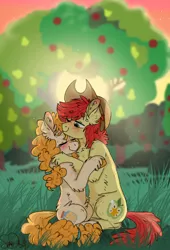 Size: 480x706 | Tagged: safe, artist:wanderingpegasus, derpibooru import, bright mac, pear butter, earth pony, pony, the perfect pear, apple, apple tree, applejack's parents, blushing, brightbutter, chest fluff, cowboy hat, eyes closed, female, grass, hat, hug, husband and wife, intertwined trees, male, mare, one eye closed, pear tree, scenery, shipping, sitting, stallion, stetson, straight, tree