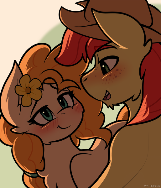 Size: 1280x1493 | Tagged: safe, artist:whitepone, derpibooru import, bright mac, pear butter, earth pony, pony, the perfect pear, applejack's parents, blushing, brightbutter, couple, female, flower, flower in hair, freckles, male, shipping, straight