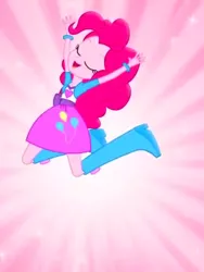 Size: 1536x2048 | Tagged: safe, derpibooru import, pinkie pie, equestria girls, balloon, boots, clothes, commercial, cute, eyes closed, female, happy, high heel boots, jumping, magic of friendship (equestria girls), music video, open mouth, pink background, shoes, simple background, skirt, solo, sparkles
