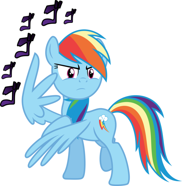 Size: 3000x3061 | Tagged: safe, artist:ambassad0r, derpibooru import, rainbow dash, pony, jojo pose, jojo's bizarre adventure, menacing, simple background, transparent background, vector, wing hands, wings, ゴ ゴ ゴ