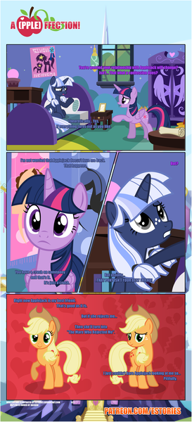 Size: 1919x4225 | Tagged: safe, artist:estories, derpibooru import, applejack, twilight sparkle, twilight sparkle (alicorn), oc, oc:silverlay, alicorn, pony, unicorn, comic:a(pple)ffection, absurd resolution, canon x oc, comic, female, lesbian, mare, shipping, silverjack