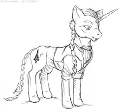 Size: 1000x904 | Tagged: safe, artist:kaemantis, deleted from derpibooru, derpibooru import, oc, oc:fil d'or, unofficial characters only, pony, unicorn, braid, clothes, male, monochrome, shirt, solo, stallion