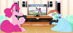 Size: 1024x463 | Tagged: safe, artist:petalierre, derpibooru import, pinkie pie, rainbow dash, pony, controller, dragon ball z, gamer dash, gamer pinkie, gamerdash, goku, piccolo (dbz), video game