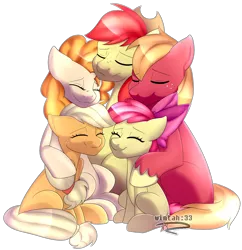 Size: 2500x2579 | Tagged: safe, artist:wintah33, derpibooru import, apple bloom, applejack, big macintosh, bright mac, granny smith, pear butter, earth pony, pony, the perfect pear, apple family, applejack's parents, brightbutter, eyes closed, female, filly, freckles, hug, male, mare, shipping, simple background, smiling, stallion, straight, the whole apple family, transparent background, unshorn fetlocks
