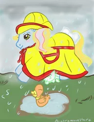 Size: 638x825 | Tagged: safe, artist:alicornmoonstar, derpibooru import, cuddles (g1), duck soup, bird, duck, pony, g1, paint tool sai, raincoat, teddi