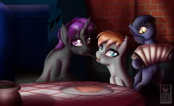 Size: 2800x1700 | Tagged: safe, artist:elmutanto, derpibooru import, oc, oc:deadeye, oc:gallant hymn, oc:night light (male), unofficial characters only, pony, accordion, kissing, lady and the tramp, musical instrument, plate