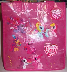 Size: 693x749 | Tagged: safe, derpibooru import, cheerilee (g3), pinkie pie (g3), rainbow dash (g3), scootaloo (g3), starsong, sweetie belle (g3), toola roola, pony, bag, confetti, core seven, g3.5, hat, irl, merchandise, party hat, photo