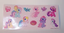 Size: 1191x613 | Tagged: safe, derpibooru import, cheerilee (g3), pinkie pie (g3), rainbow dash (g3), scootaloo (g3), starsong, sweetie belle (g3), toola roola, pony, core seven, g3.5, irl, merchandise, photo, sticker