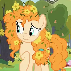 Size: 482x482 | Tagged: safe, derpibooru import, screencap, pear butter, earth pony, pony, the perfect pear, boomerang (tv channel), cropped, cute, female, flower, flower in hair, happy, mare, messy hair, pearabetes, raised hoof, smiling, solo