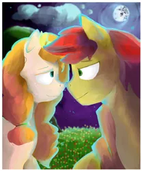 Size: 2500x3000 | Tagged: safe, artist:sapphmod, derpibooru import, bright mac, pear butter, earth pony, pony, the perfect pear, applejack's parents, brightbutter, colt, cute, female, flower, flower in hair, male, mare, mare in the moon, moon, pearabetes, shipping, straight