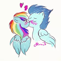 Size: 1161x1161 | Tagged: safe, artist:kiniax3, derpibooru import, rainbow dash, soarin', pony, blushing, female, kissing, male, shipping, soarindash, straight