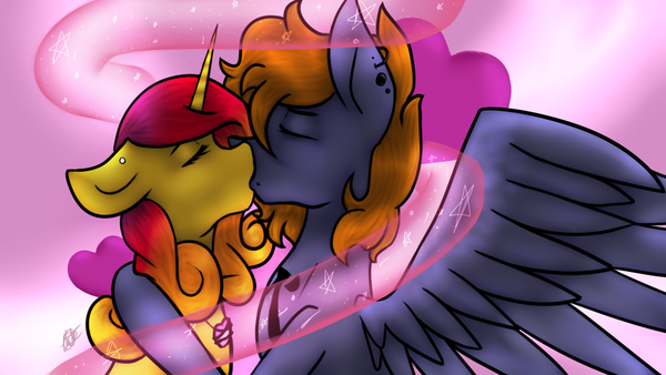 Size: 600x338 | Tagged: safe, artist:blacksky1113, derpibooru import, oc, oc:charred smoke, oc:golden rose (ice1517), unofficial characters only, pegasus, pony, unicorn, couple, duo, ear piercing, earring, eyes closed, female, french kiss, hug, jewelry, kissing, lesbian, mare, necklace, piercing, tattoo