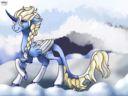 Size: 1400x1050 | Tagged: safe, artist:brainiac, derpibooru import, ponified, alicorn, classical unicorn, pony, unicorn, cloven hooves, crossover, curved horn, elsa, eyeshadow, female, frozen, frozen (movie), horn, leonine tail, makeup, mare, solo, two toned wings, unshorn fetlocks, wing fluff, wings