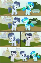 Size: 4550x7000 | Tagged: safe, artist:cyanlightning, derpibooru import, button mash, rumble, shady daze, oc, oc:cyan lightning, earth pony, pegasus, pony, unicorn, comic:cyan's adventure, .svg available, absurd resolution, clothes, colt, comic, female, filly, magic, male, rule 63, scarf, vector