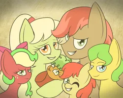 Size: 5000x4000 | Tagged: safe, artist:thecrystalring, deleted from derpibooru, derpibooru import, apple brown betty, applejack (g3), bright mac, granny smith, mosely orange, uncle orange, pony, the perfect pear, absurd resolution, apple family member, family photo, generation leap, grandpa apple, group photo, looking at you, photo, smiling, young granny smith, younger