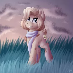 Size: 2000x2000 | Tagged: safe, artist:spirit-dude, derpibooru import, oc, unofficial characters only, earth pony, pony, art trade, blank flank, clothes, female, grass, mare, scarf, solo, twilight (astronomy), walking