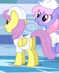 Size: 215x268 | Tagged: safe, derpibooru import, screencap, parasol, rainbowshine, pegasus, pony, sonic rainboom (episode), background pony, butt, cropped, duo, plot, weather factory uniform