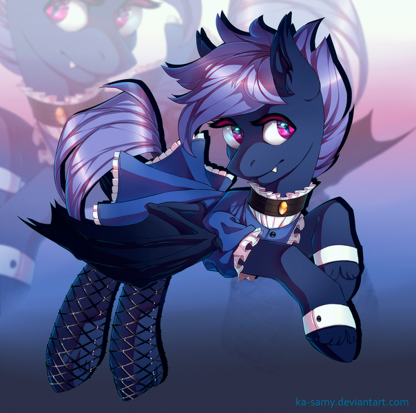 Size: 1100x1092 | Tagged: safe, artist:ka-samy, derpibooru import, oc, oc:shaddie quindecim, unofficial characters only, bat pony, pony, bat pony oc, bat wings, clothes, crossdressing, cufflinks, cuffs (clothes), dress, femboy, fishnets, looking at you, maid, male, smiling, wings, zoom layer