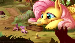 Size: 6000x3500 | Tagged: safe, artist:klarapl, derpibooru import, fluttershy, mouse, pegasus, pony, absurd resolution, cute, female, fluttershy's cottage, juice, kindness, lemonade, lemonade stand, mare, prone, shyabetes, smiling, thimble