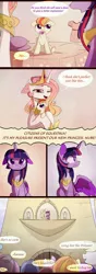 Size: 2044x5839 | Tagged: safe, artist:magnaluna, derpibooru import, princess celestia, twilight sparkle, twilight sparkle (alicorn), oc, oc:nube, alicorn, pegasus, pony, :o, :|, absurd resolution, armor, audience, bed, cheek fluff, chest fluff, clothes, colored wings, colored wingtips, comic, crowd, cute, dialogue, dress, ear fluff, exclamation point, eyes closed, female, floppy ears, fluffy, foal, frown, heart, holding a pony, hoof hold, hug, leg fluff, lesbian, levitation, lidded eyes, looking back, looking up, magic, magical lesbian spawn, male, mare, offspring, open mouth, pacifier, parent:princess celestia, parent:twilight sparkle, parents:twilestia, pink-mane celestia, raised hoof, royal guard, shipping, shoulder fluff, sitting, smiling, speech bubble, spread wings, stallion, telekinesis, twilestia, underhoof, wide eyes, wing fluff, wings