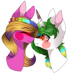 Size: 956x1035 | Tagged: safe, artist:alithecat1989, derpibooru import, oc, oc:aim desirée, oc:irene zibille, unofficial characters only, pegasus, pony, unicorn, blushing, boop, eyes closed, female, lesbian, noseboop, oc x oc, scrunchy face, shipping, simple background, smiling, transparent background
