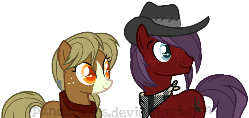 Size: 896x425 | Tagged: safe, artist:ipandacakes, derpibooru import, oc, oc:arkansas black, oc:bailey sweet, unofficial characters only, earth pony, pony, base used, blaze (coat marking), duo, female, hat, male, mare, offspring, parent:applejack, parent:big macintosh, parent:sugar belle, parent:troubleshoes clyde, parents:sugarmac, parents:troublejack, simple background, stallion, transparent background