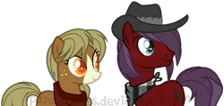 Size: 896x425 | Tagged: safe, artist:ipandacakes, derpibooru import, oc, oc:arkansas black, oc:bailey sweet, unofficial characters only, earth pony, pony, base used, blaze (coat marking), duo, female, hat, male, mare, offspring, parent:applejack, parent:big macintosh, parent:sugar belle, parent:troubleshoes clyde, parents:sugarmac, parents:troublejack, simple background, stallion, transparent background