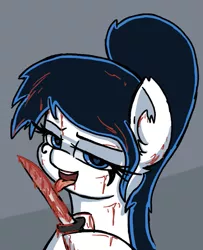 Size: 587x724 | Tagged: grimdark, artist:plunger, derpibooru import, oc, oc:rachael shadows, ponified, pony, /mlp/, 4chan, blade lick, blood, ember's ghost squad, implied murder, knife, licking, looking at you, tongue out