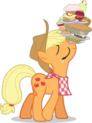 Size: 3749x5000 | Tagged: safe, artist:dashiesparkle, derpibooru import, applejack, earth pony, pony, a bird in the hoof, .svg available, absurd resolution, apple, apple pie, balancing, caramel apple (food), cupcake, eyes closed, female, food, high res, mare, pie, ponies balancing stuff on their nose, simple background, solo, transparent background, vector