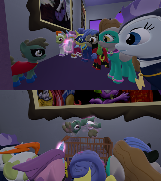 Size: 1905x2133 | Tagged: questionable, artist:mrdoctorderpy, derpibooru import, idw, fili-second, humdrum, humdrum (pony), masked matter-horn, mistress marevelous, radiance, saddle rager, zapp, pony, 2 panel comic, 3d, comic, crib, diaper, diaper fetish, fetish, levitation, magic, power ponies, request, source filmmaker, telekinesis, worried