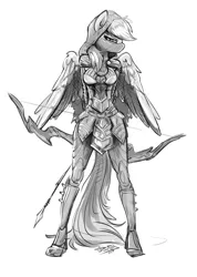 Size: 1400x1962 | Tagged: anthro, archer dash, armor, armor skirt, artist:fidzfox, bow (weapon), breasts, busty rainbow dash, clothes, derpibooru import, female, looking at you, mare, monochrome, pegasus, rainbow dash, safe, simple background, skirt, skyrim, solo, the elder scrolls, white background