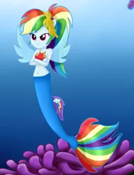 Size: 1500x1950 | Tagged: safe, artist:liniitadash23, derpibooru import, rainbow dash, mermaid, seapony (g4), equestria girls, my little pony: the movie, belly button, clothes, crossed arms, female, fin wings, fins, mermaid tail, mermaidized, multicolored hair, ponied up, pony ears, seaponified, seapony rainbow dash, smiling, solo, species swap, underwater, wings