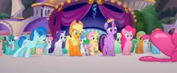 Size: 416x173 | Tagged: alicorn, applejack, balloon, brian (balloon animal), death of brian the balloon, derpibooru import, dragon, drama king, drama queen, fluttershy, missing horn, my little pony: the movie, party favor, pinkie pie, rarity, sad, safe, screencap, spike, twilight sparkle, twilight sparkle (alicorn)