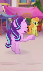 Size: 229x374 | Tagged: safe, derpibooru import, screencap, cantaloupe (character), dawn sunrays, starlight glimmer, earth pony, pony, unicorn, my little pony: the movie, background pony, cropped, cute, eyes closed, female, happy, mare, raised hoof