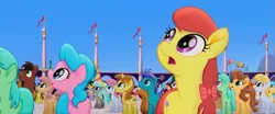 Size: 1021x425 | Tagged: safe, derpibooru import, official, screencap, chocolate apple, melody star, nougat praliné, open skies, unnamed character, unnamed pony, earth pony, pony, unicorn, my little pony: the movie, animation error, background pony, background pony audience, canterlot, female, male, mare, stallion, wingless