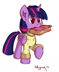 Size: 996x1228 | Tagged: safe, artist:weirdcloud, derpibooru import, twilight sparkle, twilight sparkle (alicorn), alicorn, pony, book, clothes, cute, mouth hold, simple background, solo, sweater, white background