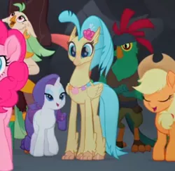Size: 568x551 | Tagged: safe, derpibooru import, screencap, applejack, captain celaeno, mullet (character), pinkie pie, princess skystar, rarity, anthro, classical hippogriff, hippogriff, parrot pirates, pony, my little pony: the movie, amputee, anthro with ponies, basalt beach, cropped, jewelry, necklace, peg leg, pirate, prosthetic leg, prosthetic limb, prosthetics, seashell, seashell necklace, species swap, toes