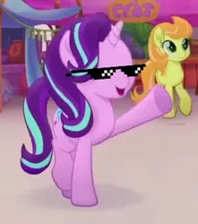 Size: 287x325 | Tagged: safe, derpibooru import, edit, edited screencap, screencap, cantaloupe (character), starlight glimmer, earth pony, pony, unicorn, my little pony: the movie, background pony, cropped, cute, deal with it, female, glimmerbetes, mare, raised hoof, solo, trailer