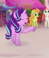 Size: 161x190 | Tagged: safe, derpibooru import, screencap, cantaloupe (character), dawn sunrays, starlight glimmer, earth pony, pony, unicorn, my little pony: the movie, background pony, cropped, eyes closed, female, mare, picture for breezies, raised hoof, smiling