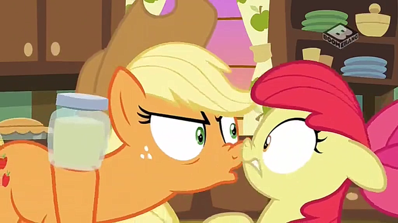 Size: 1280x720 | Tagged: safe, derpibooru import, screencap, apple bloom, applejack, pony, the perfect pear, angry, boomerang (tv channel), nose wrinkle, pear jam