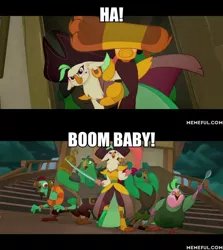 Size: 600x674 | Tagged: anthro, boyle, captain celaeno, caption, derpibooru import, edit, edited screencap, image macro, lix spittle, meme, mullet (character), murdock, my little pony: the movie, parrot pirates, pirate, safe, screencap, text, the emperor's new groove