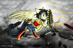 Size: 2460x1600 | Tagged: safe, artist:dangercloseart, derpibooru import, ponified, pegasus, pony, armor, armor skirt, barbed wire, bipedal, biplane, boots, bullet, clothes, gritted teeth, no man's land, shield, shoes, skirt, solo, spoilers for another series, wonder woman, world war i
