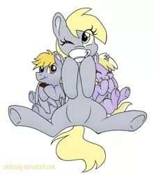 Size: 1500x1700 | Tagged: safe, artist:sarikashy, derpibooru import, crackle pop, derpy hooves, dinky hooves, pony, brother and sister, brownies, colt, cute, eating, equestria's best mother, featureless crotch, female, filly, food, hug, male, mare, mother and child, mother and daughter, mother and son, one eye closed, siblings, simple background, tea, white background, winghug, wink