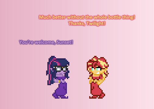 Size: 504x357 | Tagged: safe, artist:verve, derpibooru import, sci-twi, sunset shimmer, twilight sparkle, genie, ain't never had friends like us, equestria girls, ask, bra, clothes, glasses, gradient background, pixel art, shantae, shoes, tumblr, underwear