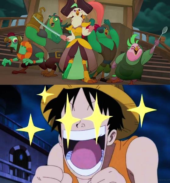 Size: 558x598 | Tagged: anthro, boyle, captain celaeno, derpibooru import, edit, edited screencap, lix spittle, meme, monkey d luffy, mullet (character), murdock, my little pony: the movie, one piece, parrot pirates, pirate, safe, screencap