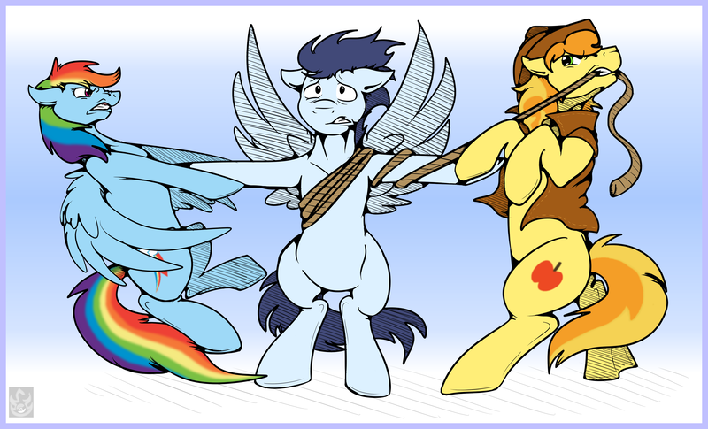 Size: 3576x2168 | Tagged: safe, artist:stormblaze-pegasus, derpibooru import, braeburn, rainbow dash, soarin', earth pony, pegasus, pony, bipedal, bisexual, cowboy hat, female, floppy ears, gay, gritted teeth, hat, love triangle, male, mare, mouth hold, nose wrinkle, polyamory, rope, shipping, soarburn, soarburndash, soarindash, spread wings, stallion, stetson, straight, trio, tug of war, wings