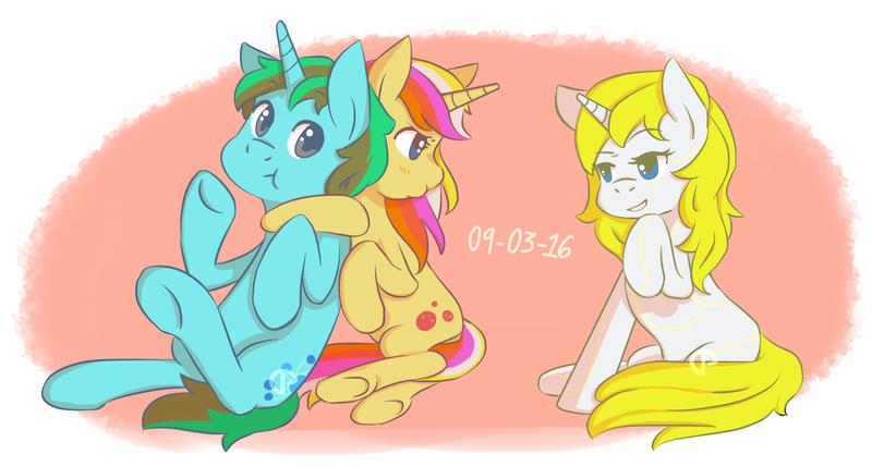 Size: 1400x750 | Tagged: safe, artist:dramapersona, derpibooru import, oc, oc:eve, oc:puddin cake, oc:sollace, unofficial characters only, pony, unicorn, :t, cute, frog (hoof), simple background, trio, underhoof