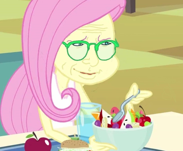 Size: 1025x841 | Tagged: safe, derpibooru import, edit, edited screencap, screencap, fluttershy, equestria girls, equestria girls (movie), costanza, costanza face, costanza.jpg, fruit bowl, glasses, ishygddt, meme, reaction image, seinfeld, solo