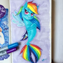 Size: 1080x1080 | Tagged: safe, artist:antych, derpibooru import, rainbow dash, pony, seapony (g4), my little pony: the movie, female, mare, marker drawing, markers, seaponified, seapony rainbow dash, solo, species swap, traditional art